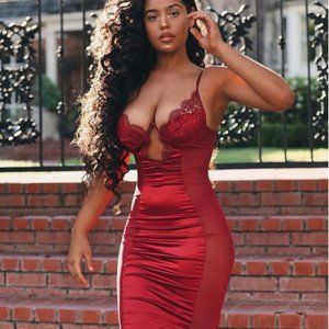 Oh Polly Lace The Music Satin Red Mesh Midi Dress